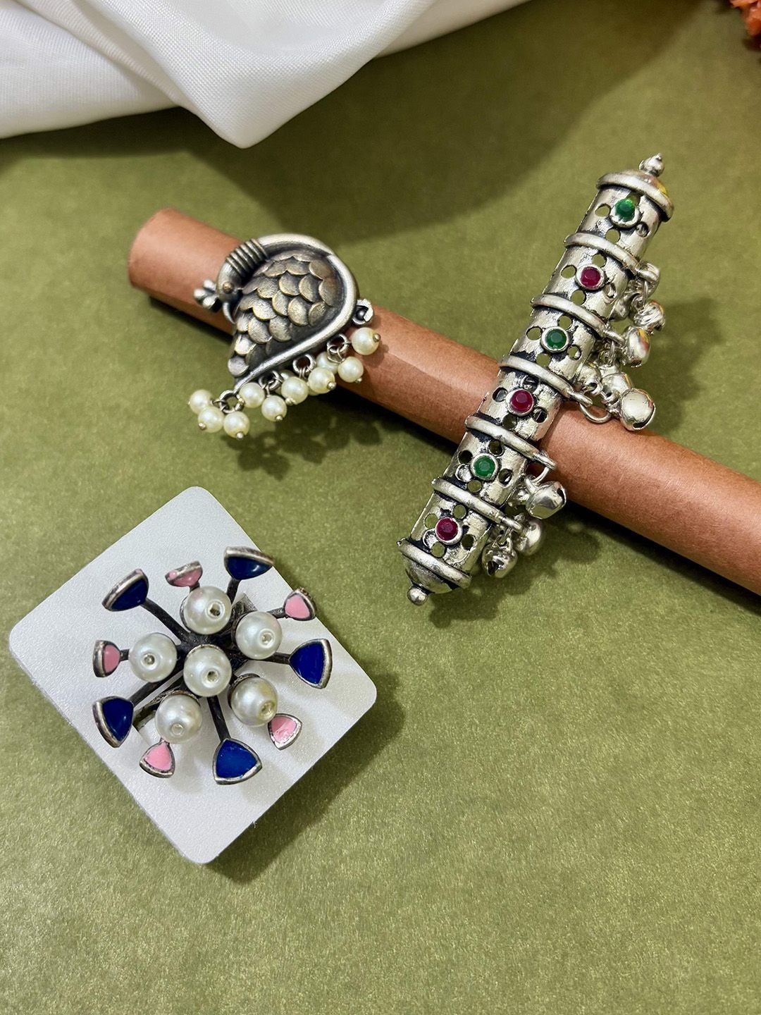 ATIBELLE Set Of 3 German Silver Plated Stone studded Rings