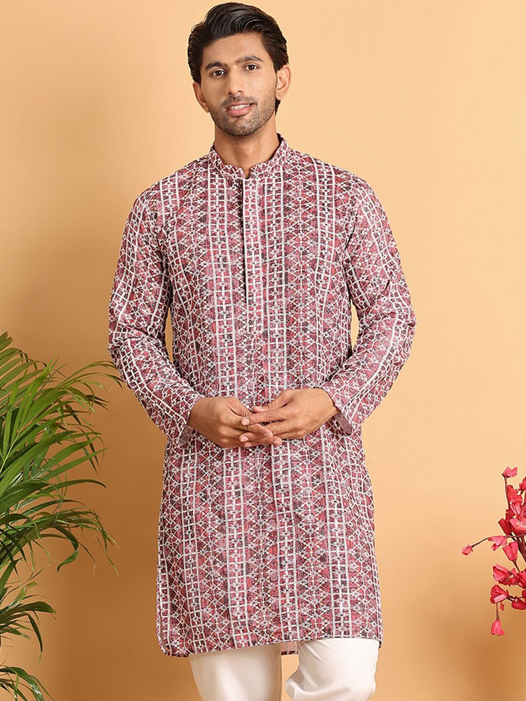 Jompers Men Geometric Embroidered Chikankari Kurta-picture-37