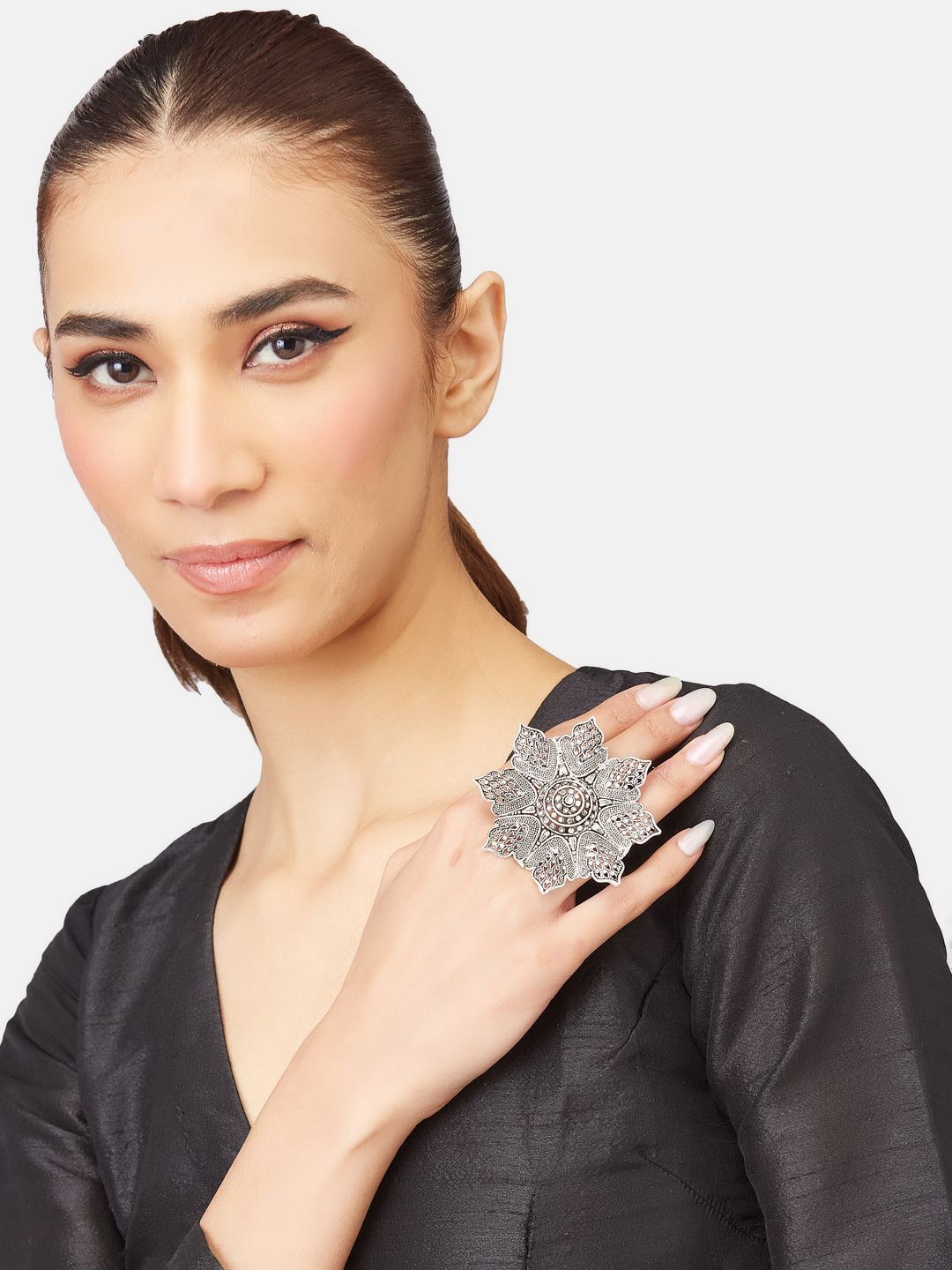 ATIBELLE Set Of 3 Silver-Plated Stone-Studded Adjustable Finger Ring