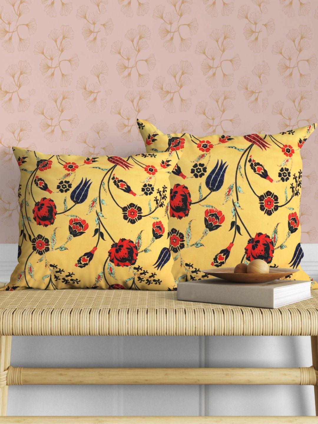 AAZEEM Yellow & Orange Coloured 2 Pieces Floral Velvet Square Cushion Covers-picture-30
