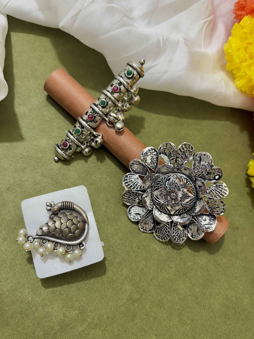 ATIBELLE Set of 3 German Silver Plated Stone studded Rings