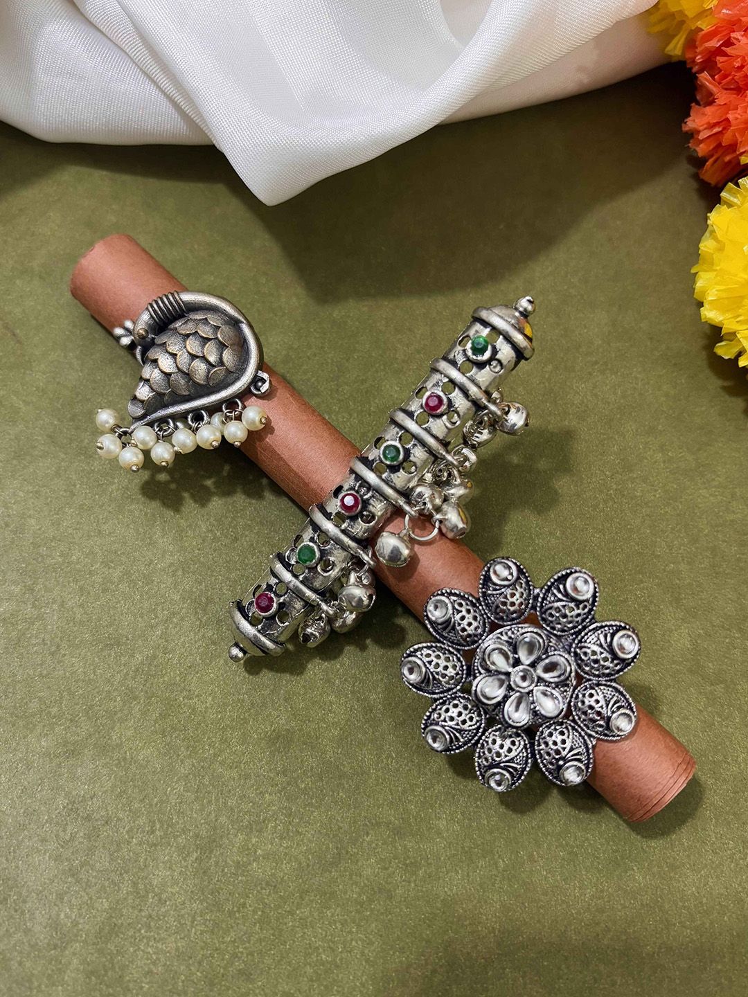 ATIBELLE Set Of 3 Silver-Plated Stone-Studded Adjustable Finger Ring
