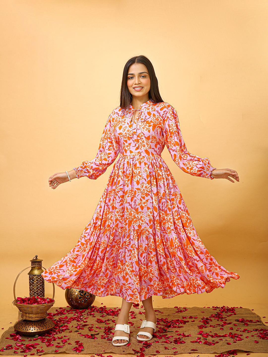 PIRRA DESIGNS Floral Printed Tie-Up Neck Puff Sleeve Tiered Fit & Flare Midi Dress-picture-32