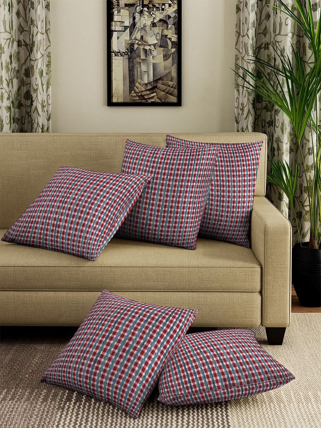 Aura Red & Blue 5 Pieces Checked Cotton Square Cushion Covers-picture-12