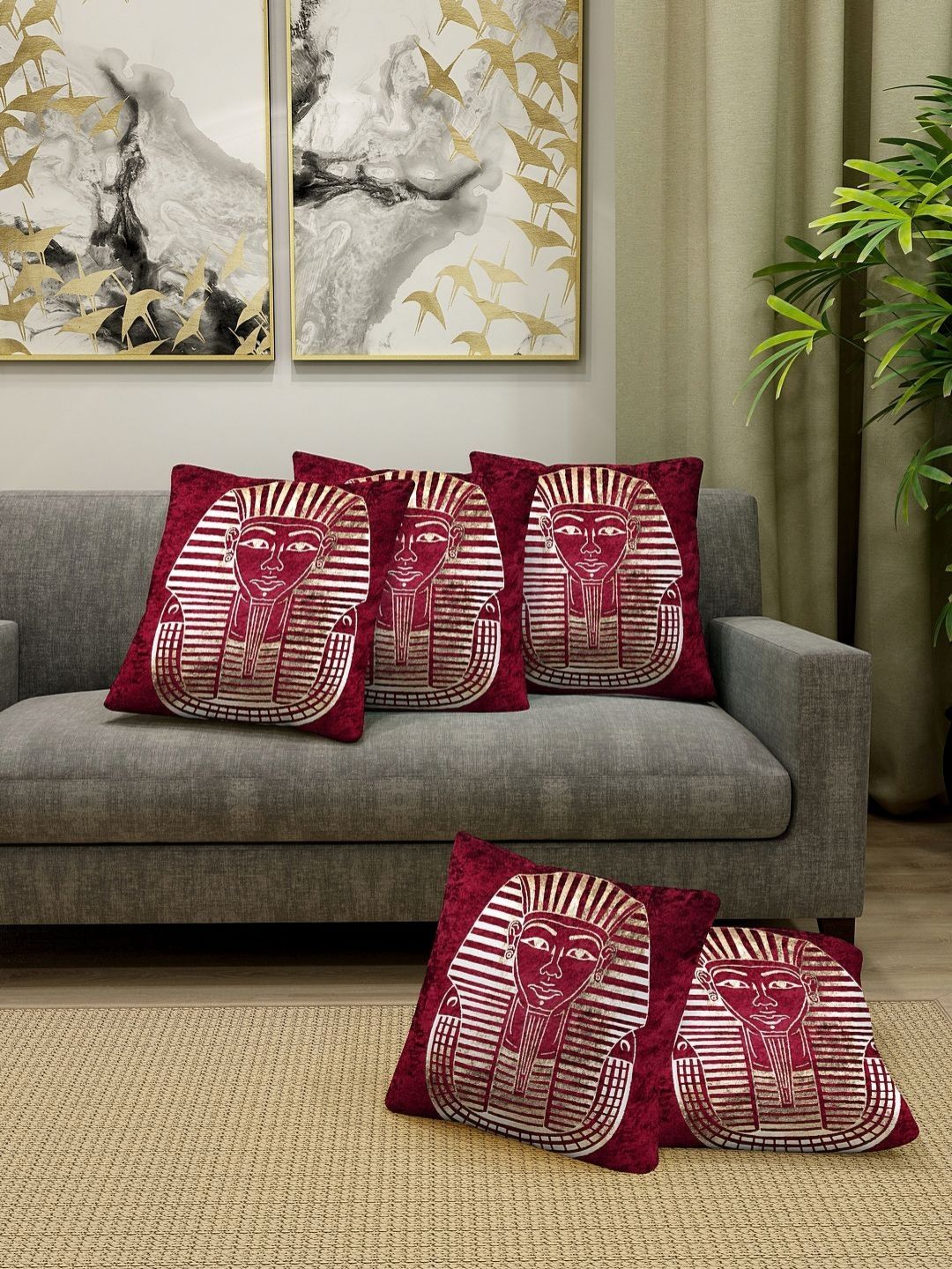 Aura Maroon & Gold Toned 5 Pieces Mummy Printed Velvet Square Cushion Covers-image-40