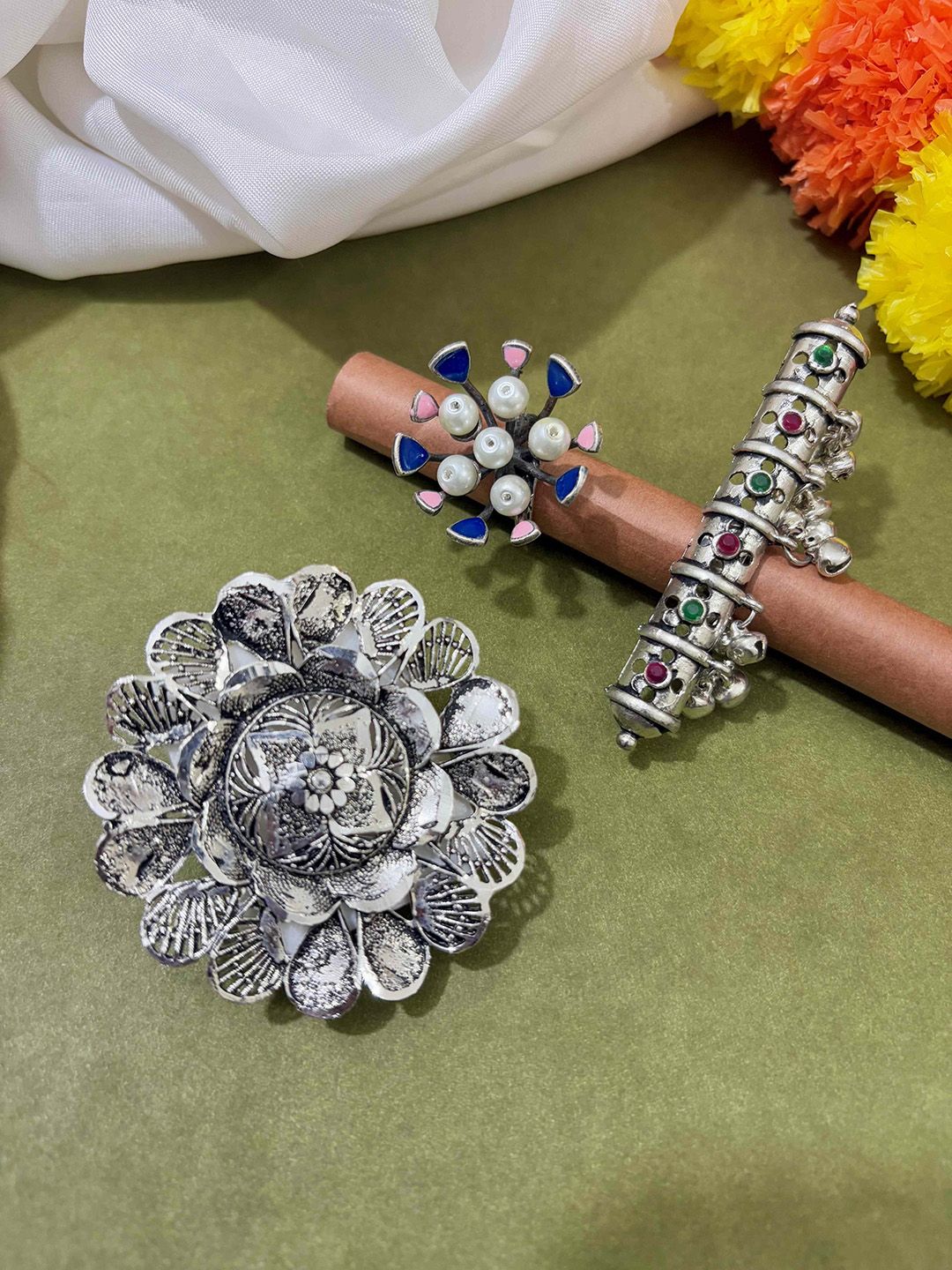 ATIBELLE Set Of 3 Silver-Plated Stone Studded Finger Rings