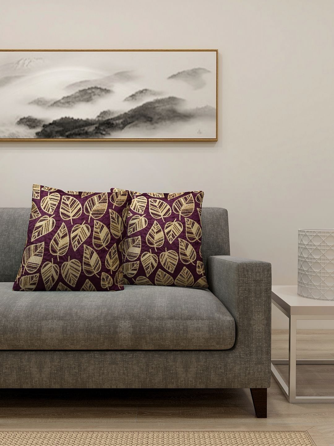 Aura Purple & Beige 2 Pieces Embroidered Cotton Silk Square Cushion Covers-image-8