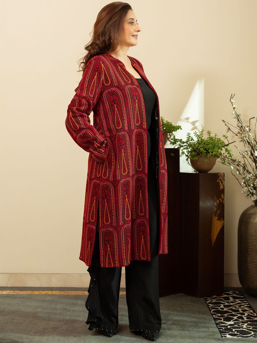 HOUSE OF INARI Women Lightweight Longline Open Front Jacket with Embroidered-picture-19