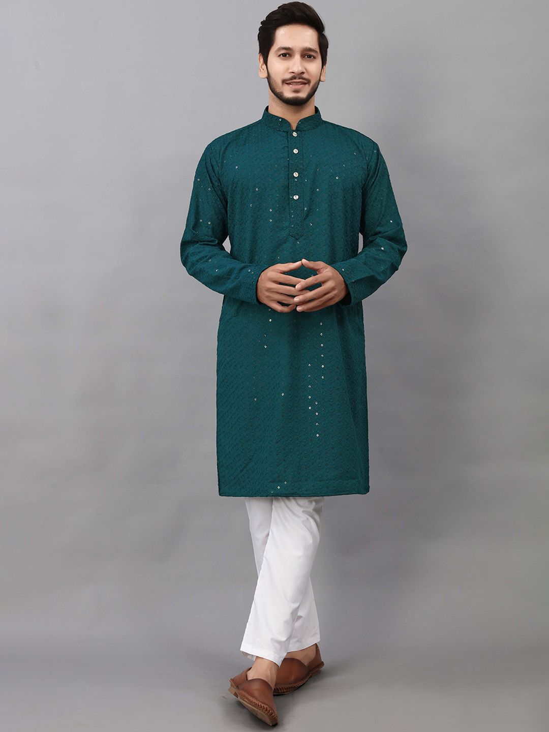 ALMORA Men Ethnic Motifs Embroidered Mirror Work Pathani Kurta-picture-22