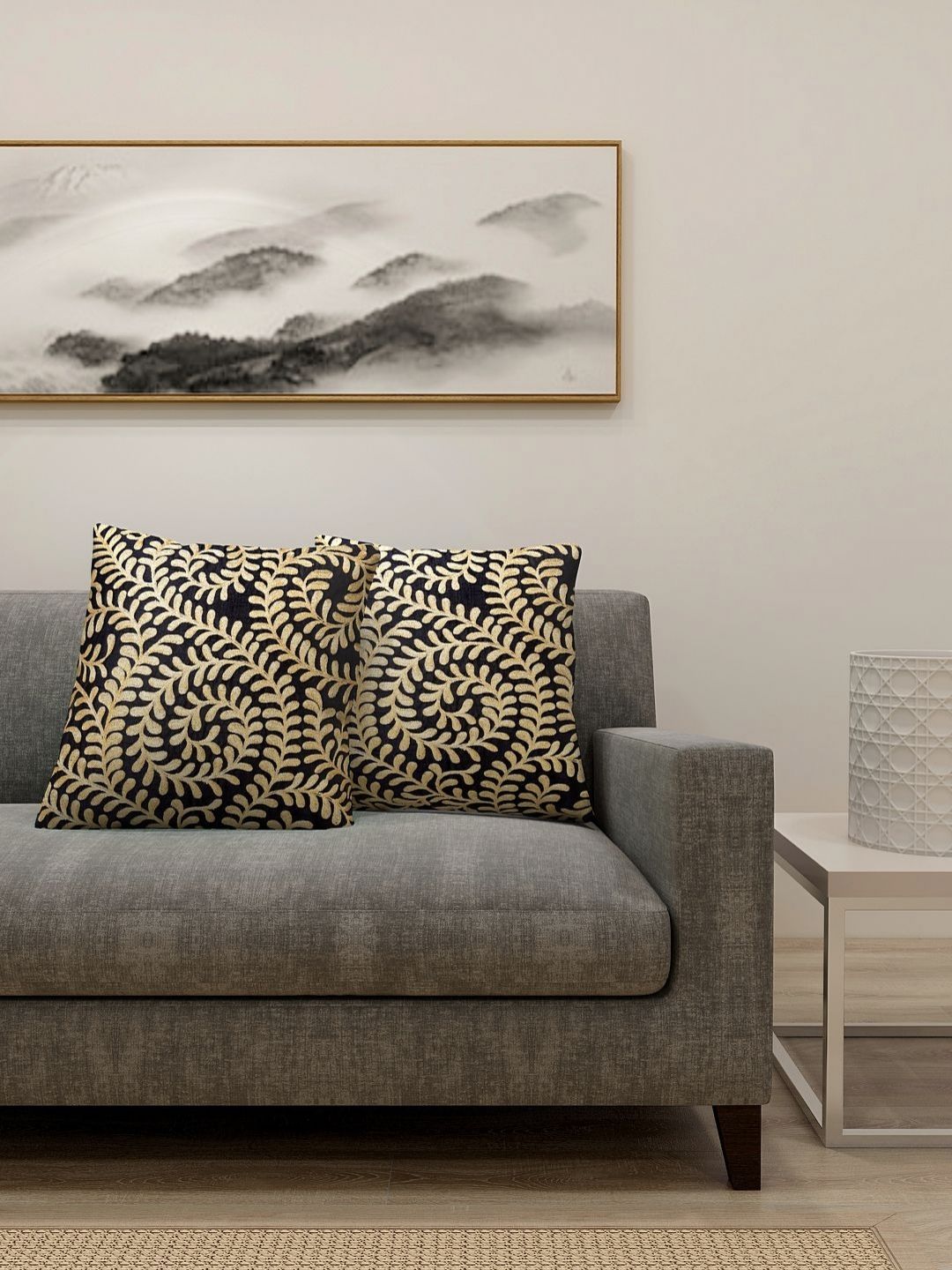Aura Black & Beige 2 Pieces Embroidered Cotton Silk Square Cushion Covers-image-45