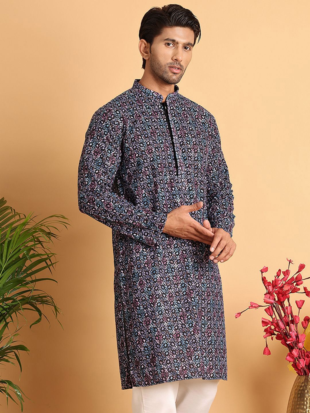 Jompers Men Geometric Embroidered Chikankari Kurta-picture-19