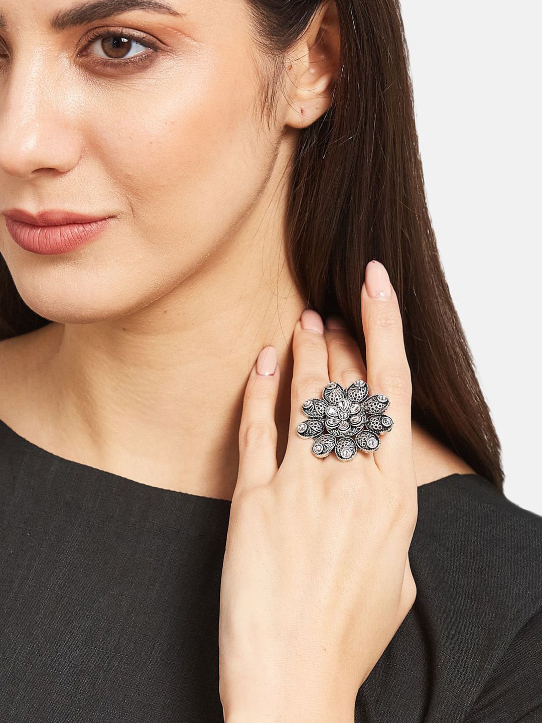 ATIBELLE Set Of 3 Silver-Plated Stone Studded Finger Ring