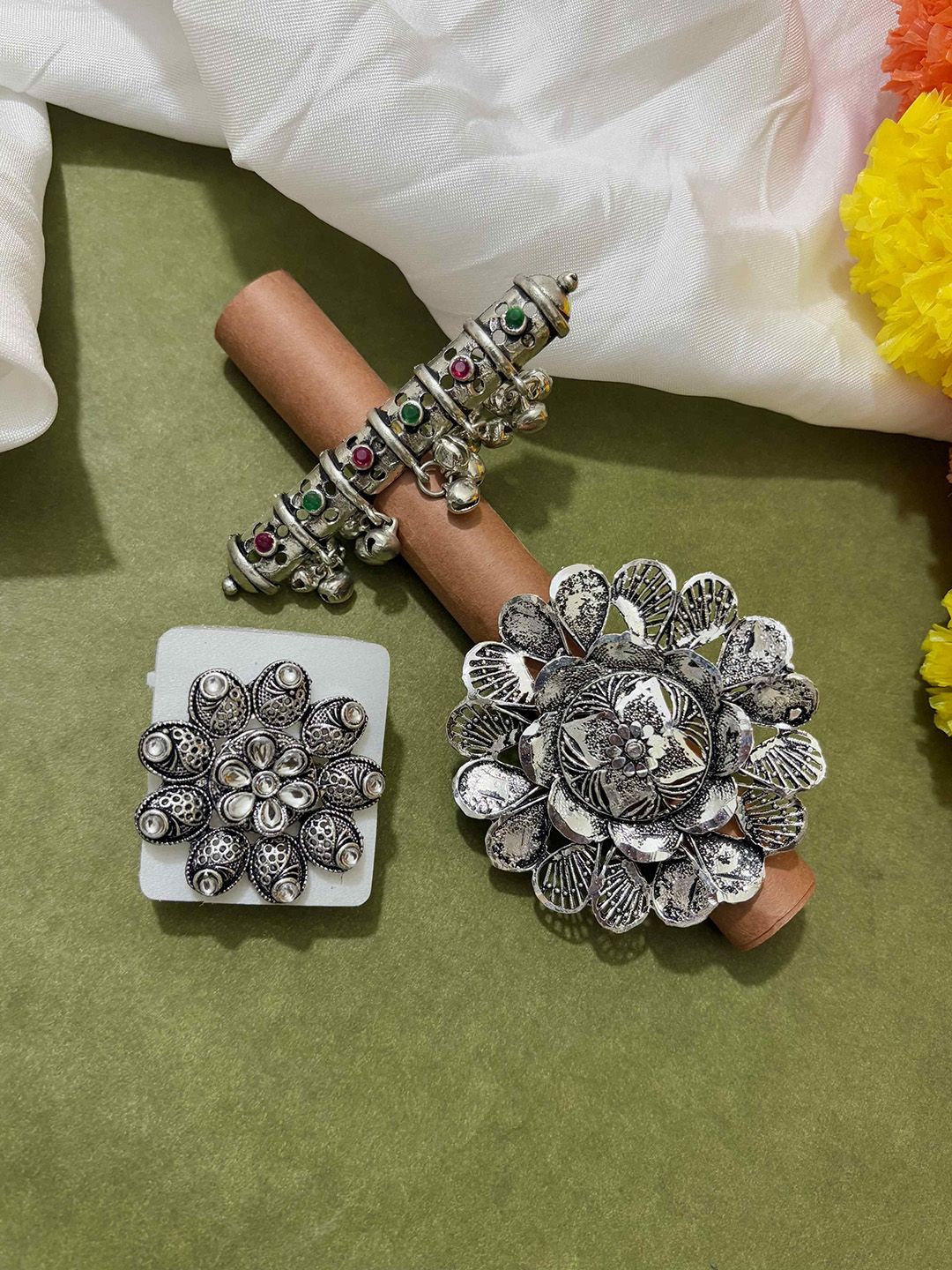 ATIBELLE Set Of 3 Silver-Plated Stone Studded Finger Ring