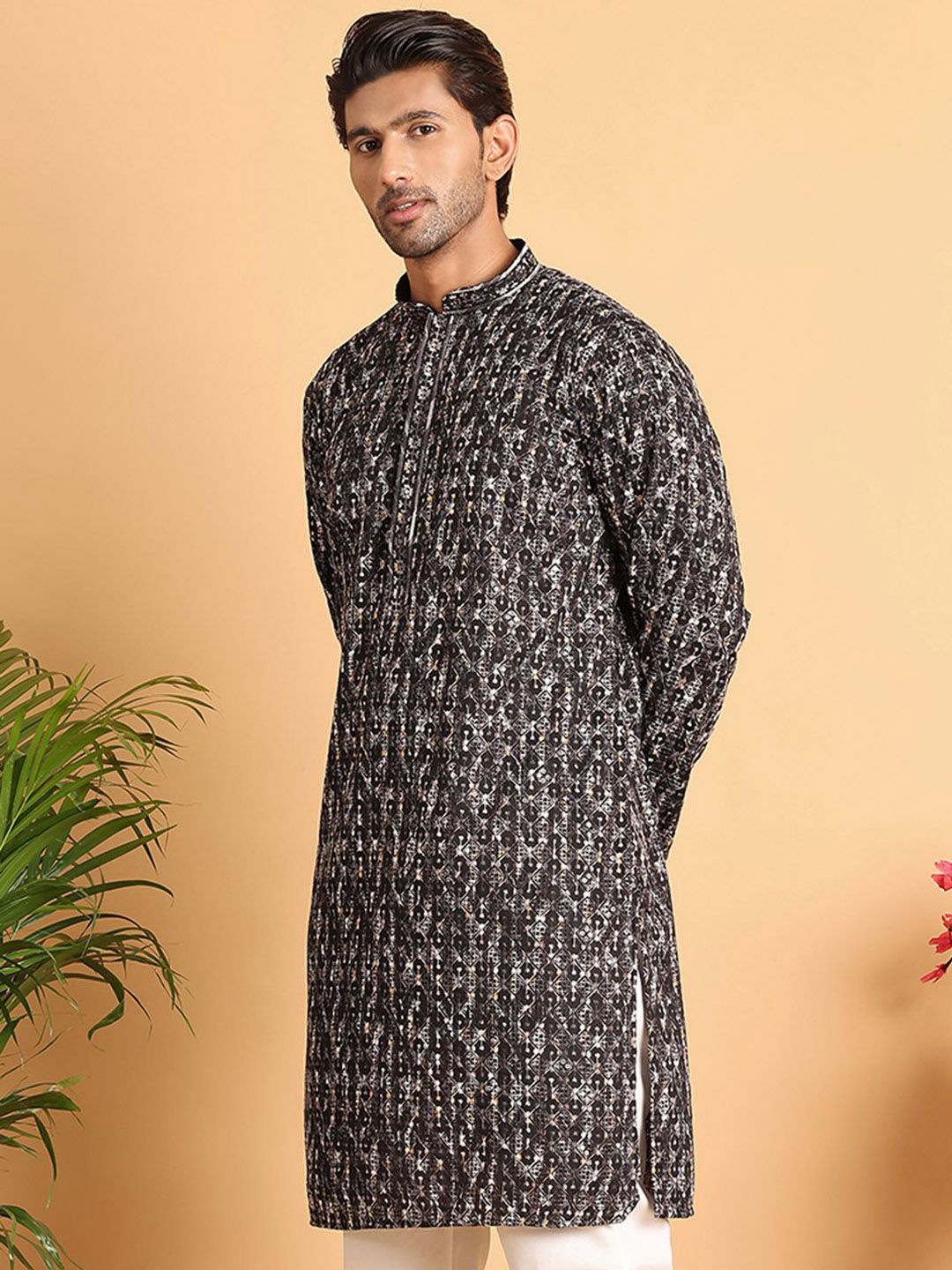 Jompers Men Geometric Embroidered Chikankari Kurta-picture-25