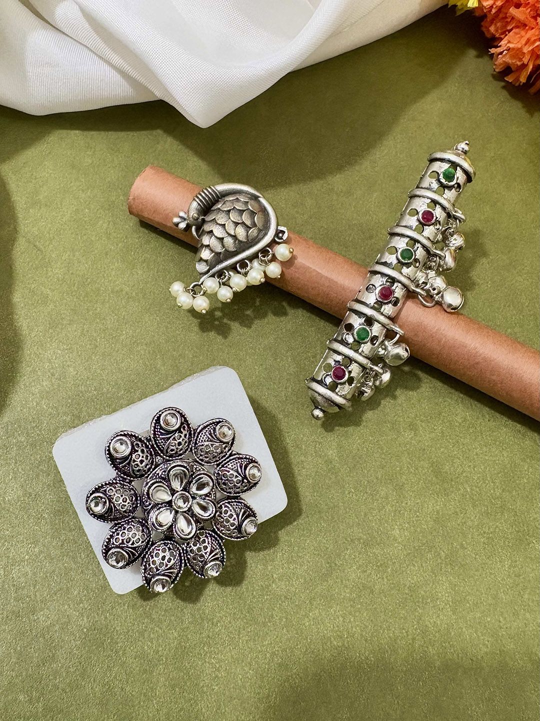 ATIBELLE  Set of 3 German Silver Plated Stone studded Ring