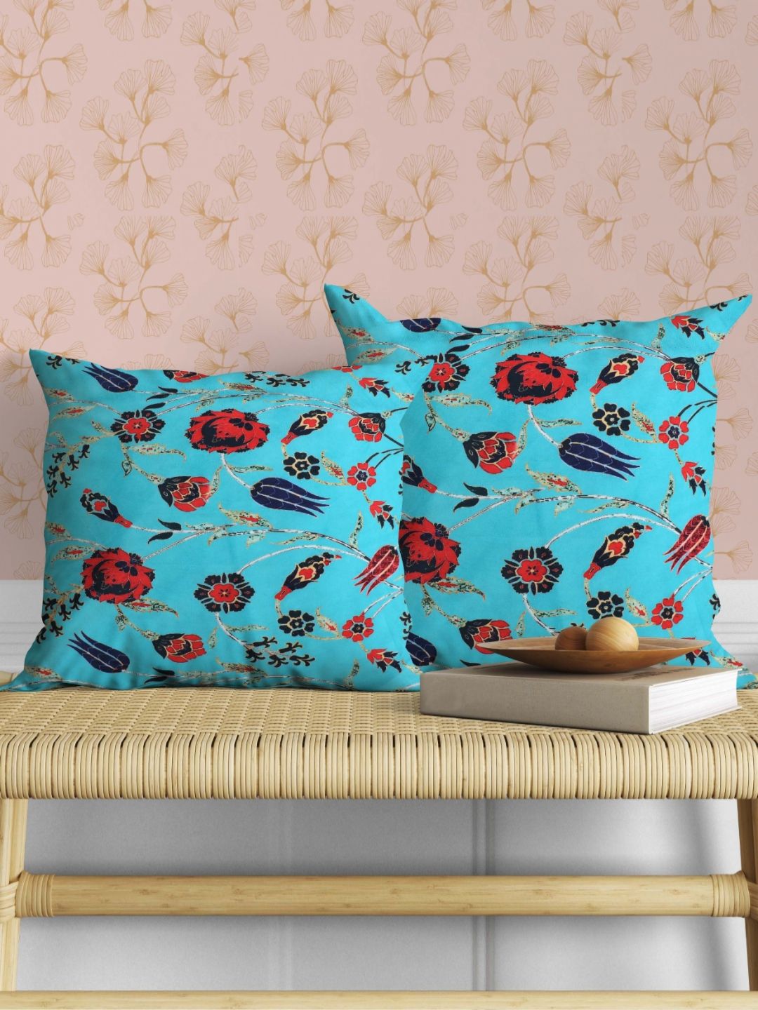 AAZEEM Turquoise Blue & Red Set of 2 Floral Velvet Rectangle Cushion Covers-picture-31