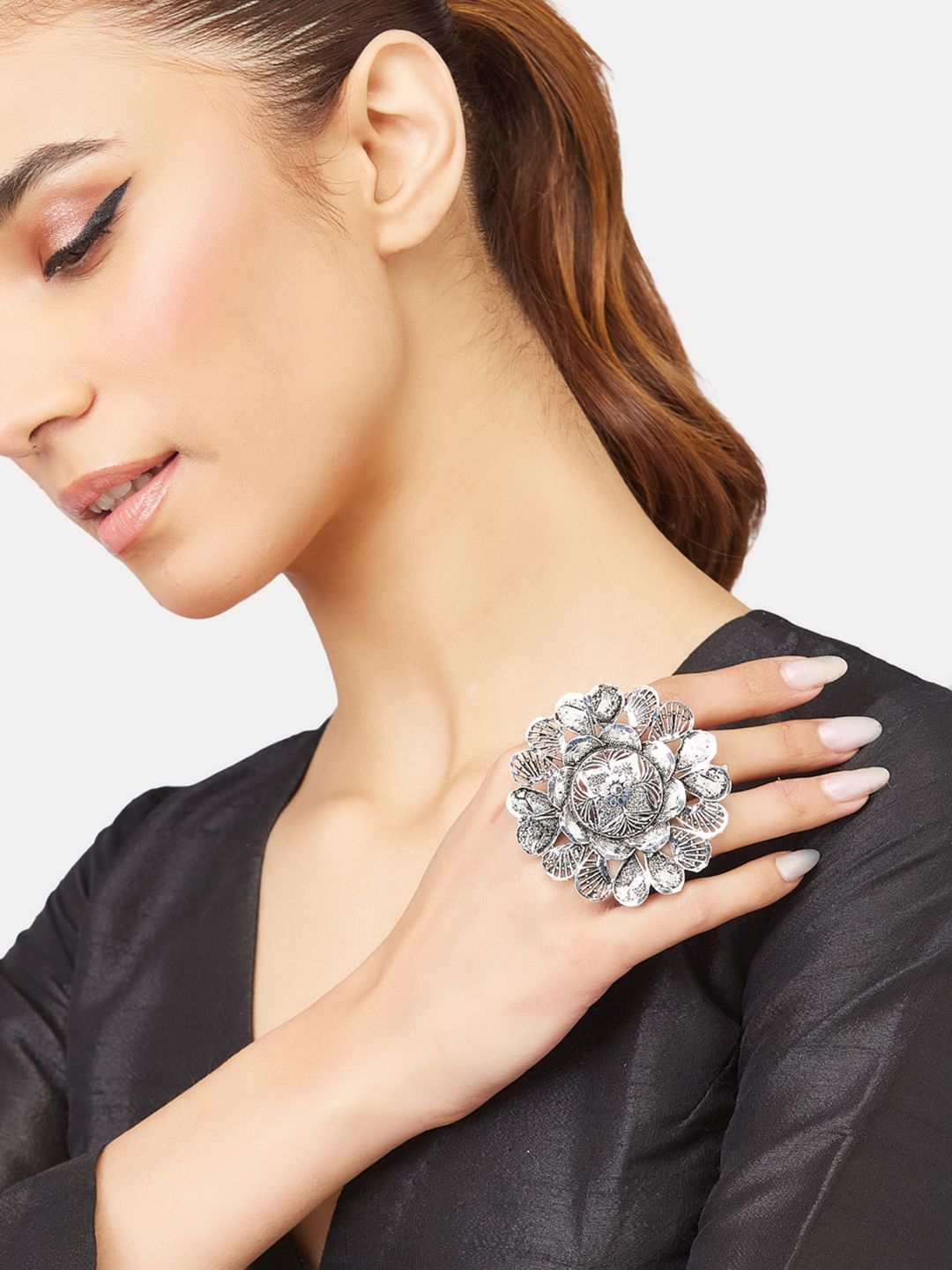 ATIBELLE Set Of 3 Silver-Plated Stone Studded Finger Ring