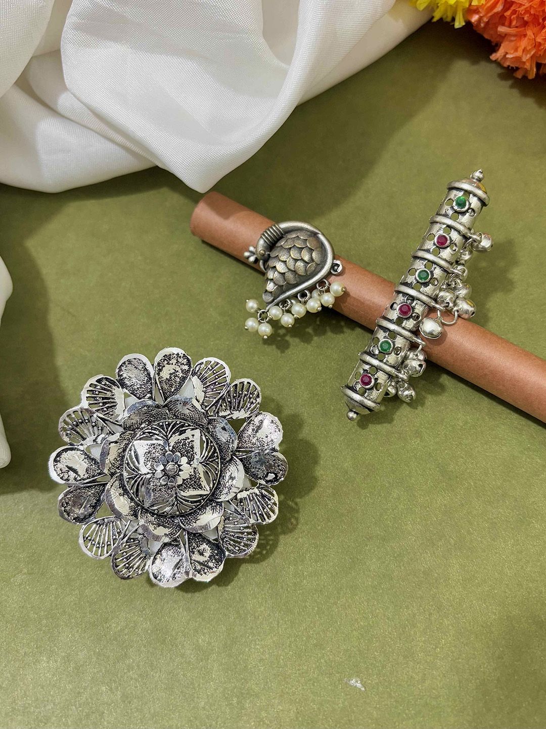 ATIBELLE Set of 3 German Silver Plated Stone studded Rings