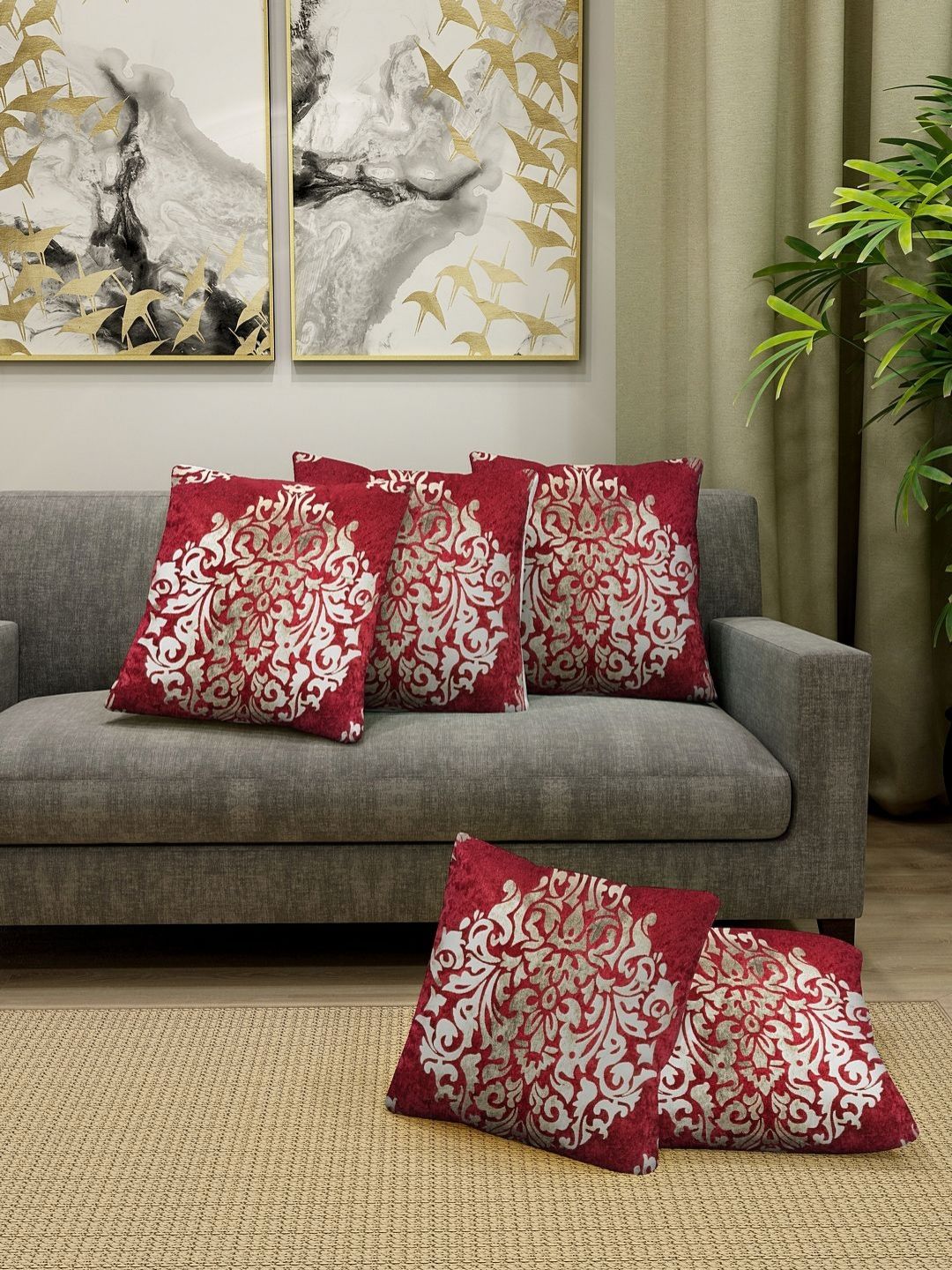 Aura Maroon & Beige 5 Pieces Printed Velvet Square Cushion Covers-picture-38