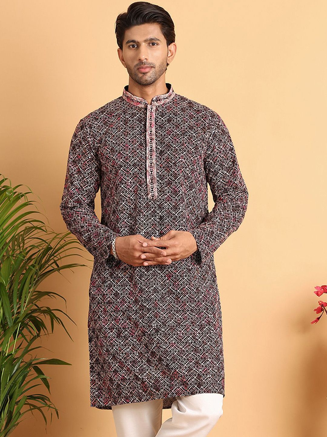 Jompers Men Geometric Embroidered Chikankari Kurta-picture-36