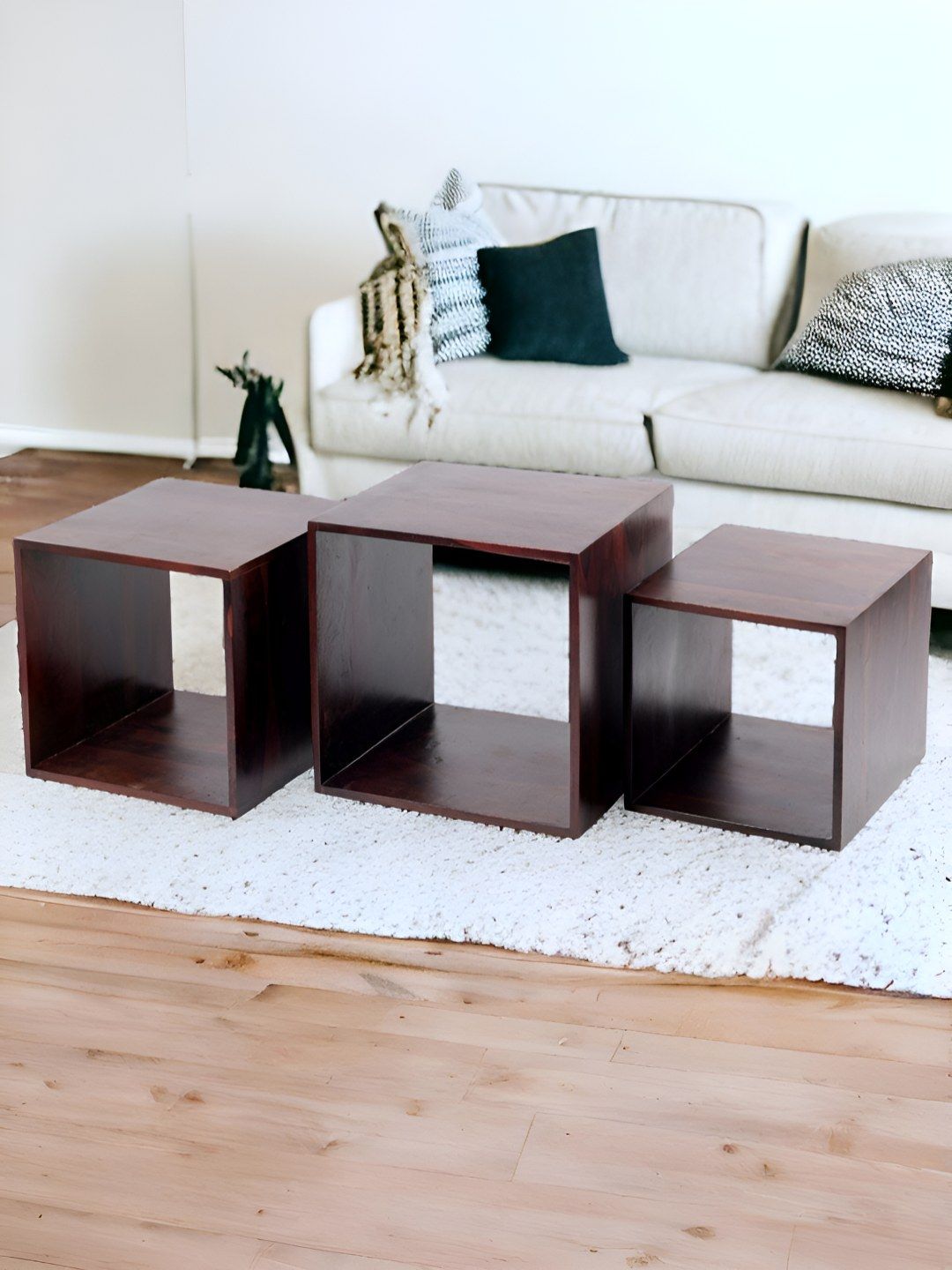 Ikiriya Set Of 3 Red Nesting Tables In Dark Walnut Finish