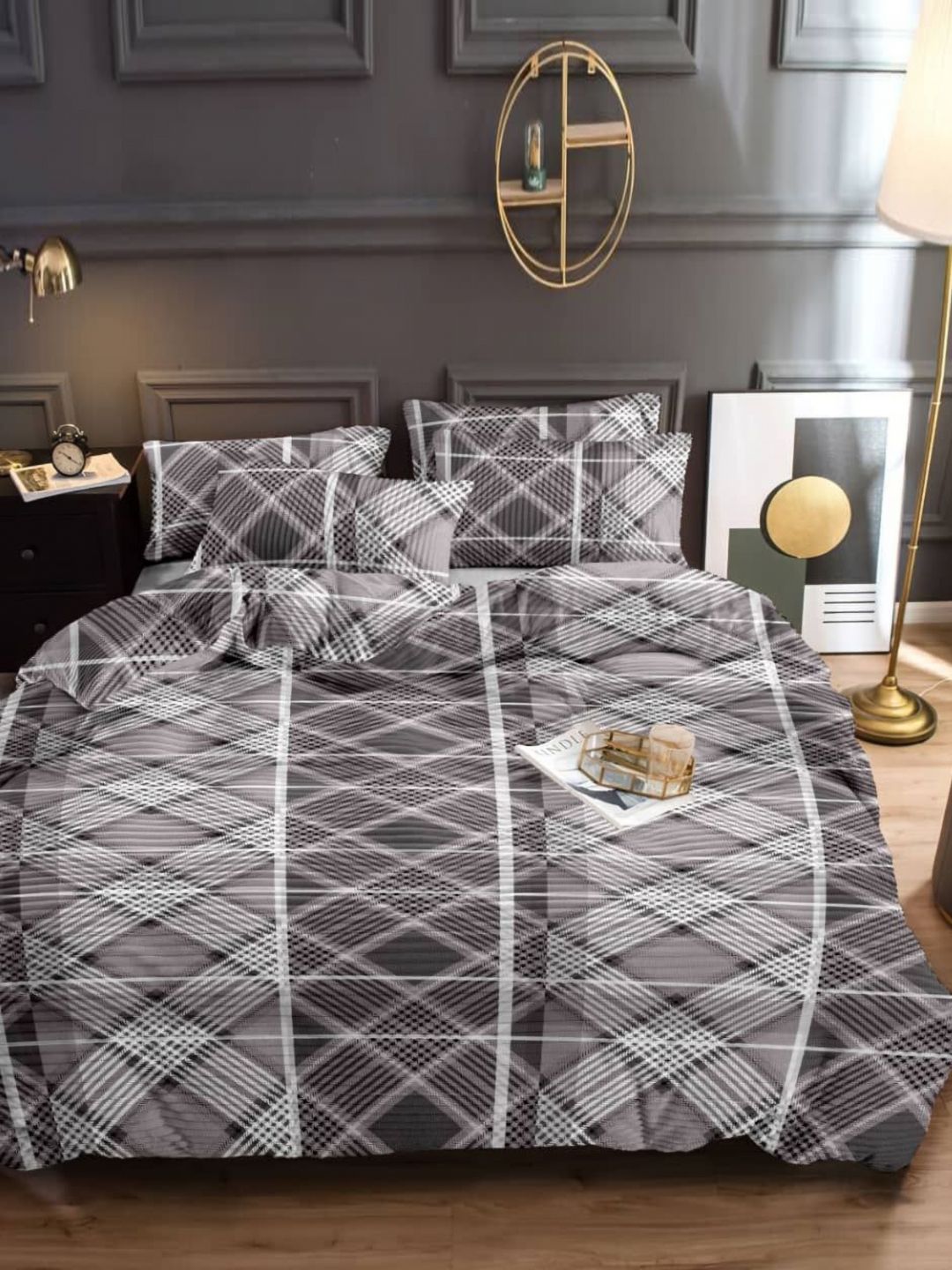 MORADO Grey & White Geometric 260 TC Queen Bedsheet with 2 Pillow Covers-picture-29