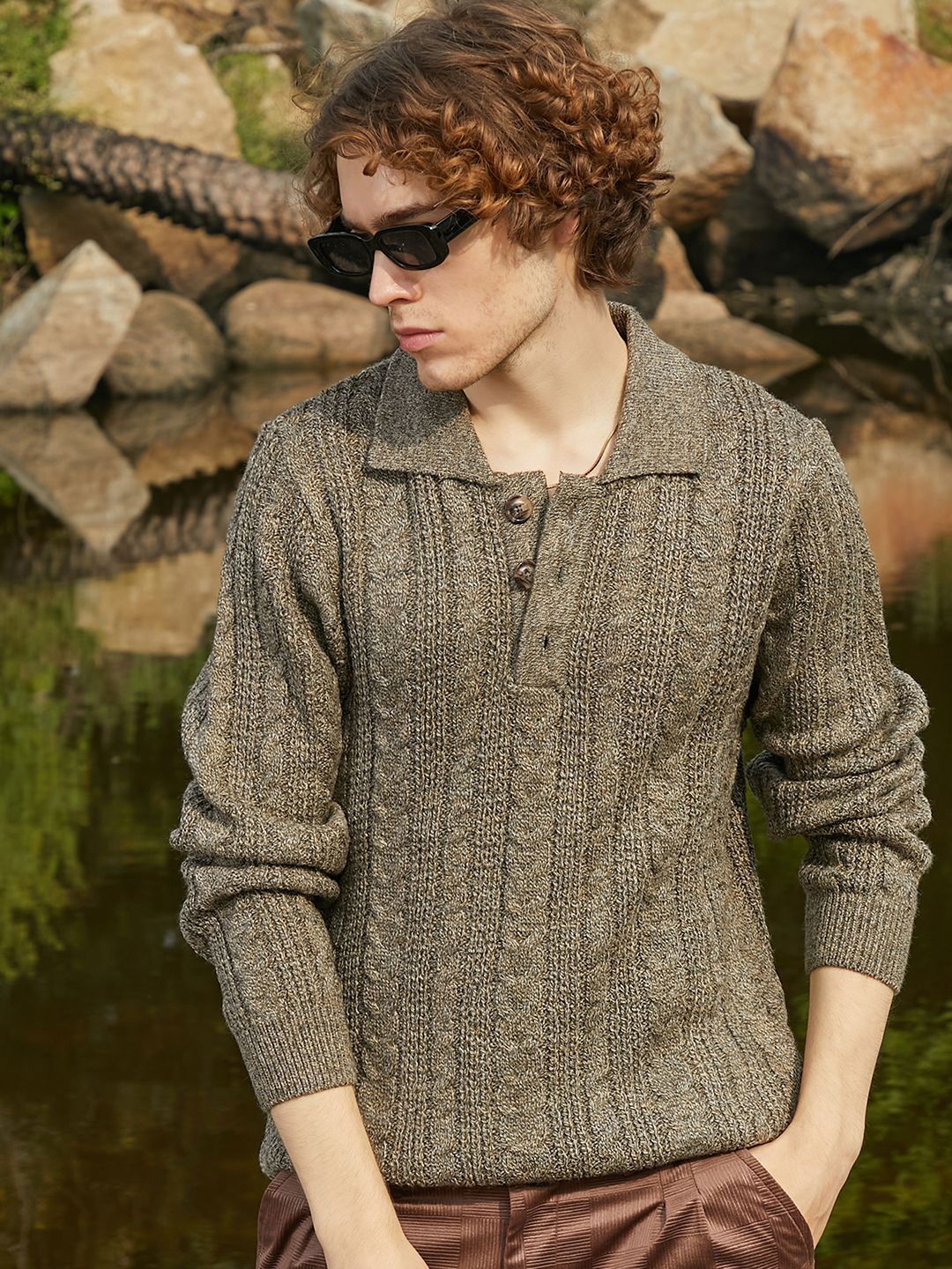 campus sutra men cable knit lapel collar pullover sweaters