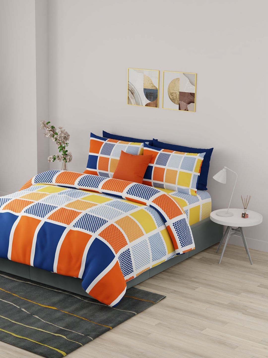 United Colors of Benetton Blue & White Geometric 210 TC King Bedsheet with 2 Pillow Covers-picture-36