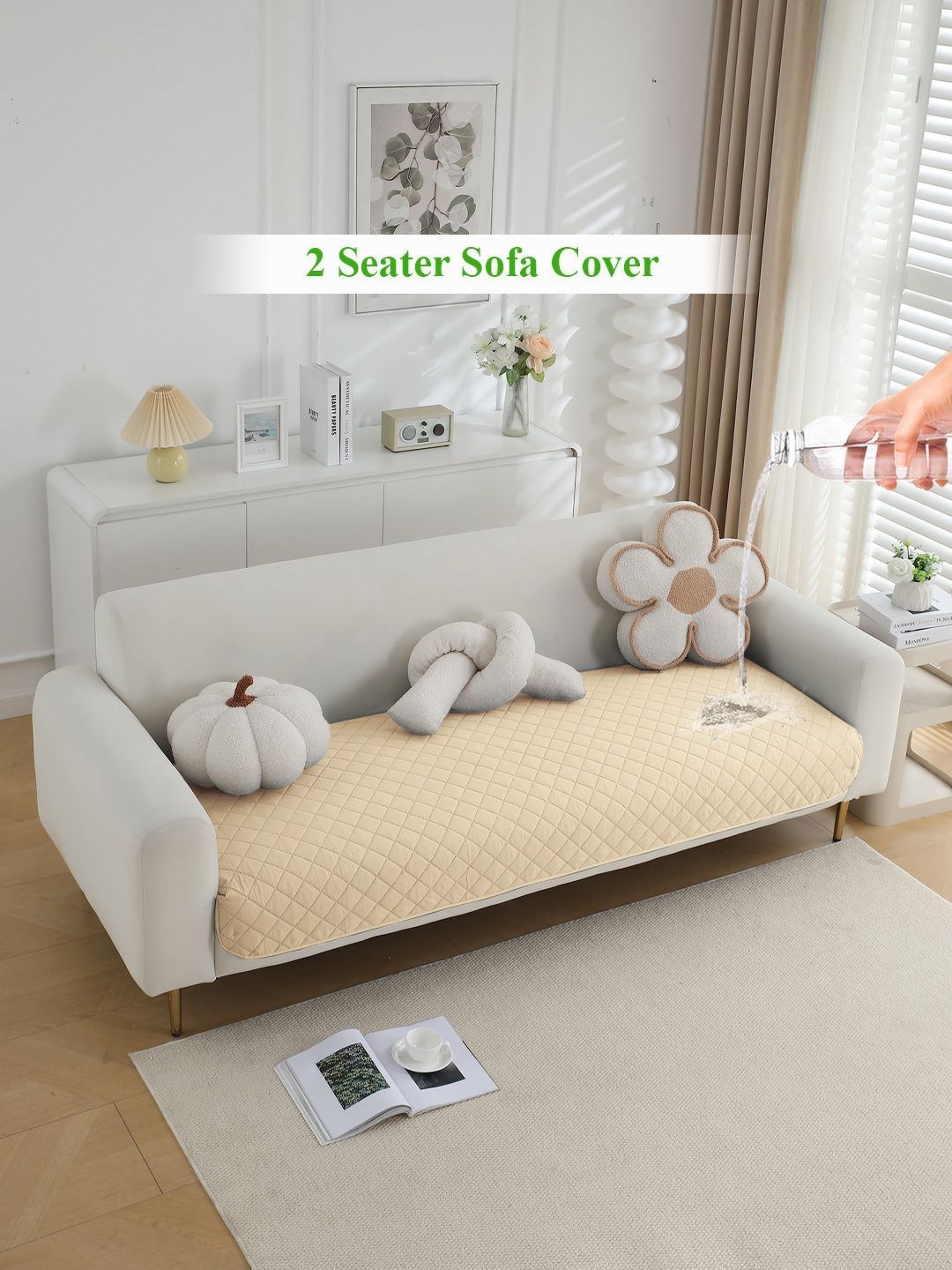 HOKIPO Beige Polyester Waterproof 2 Seater Sofa Seat Mat-picture-14