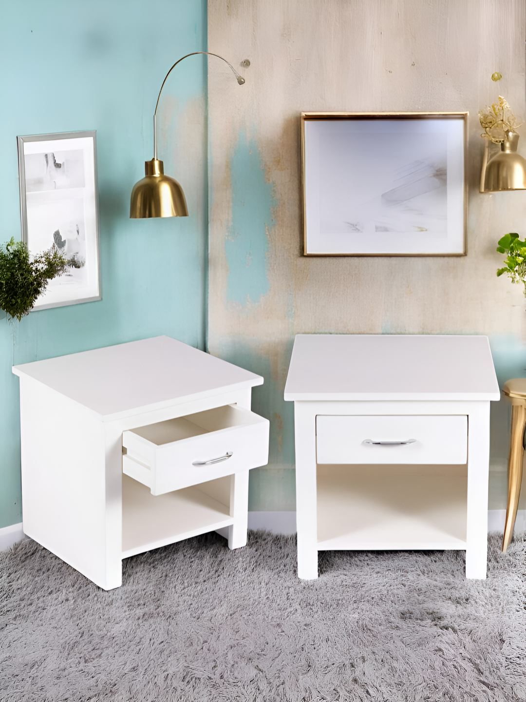 Ikiriya 2-Pcs White Square-Shaped Bedside Tables