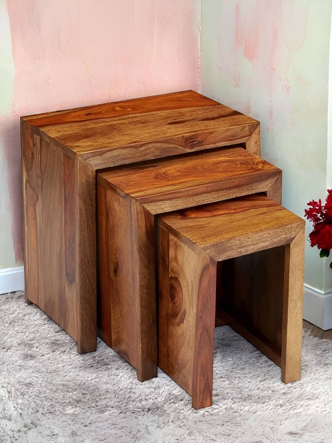 Ikiriya Set Of 3 Brown Oakland Sheesham Wood Contemporary Nesting Tables