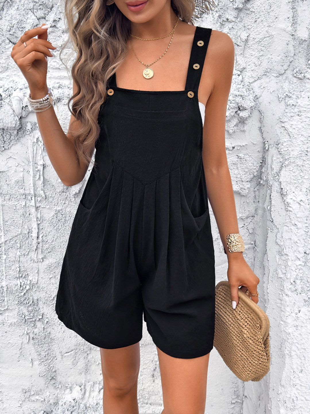 Mast & Harbour Black Shoulder Straps Gathered Cotton Playsuit-image-39