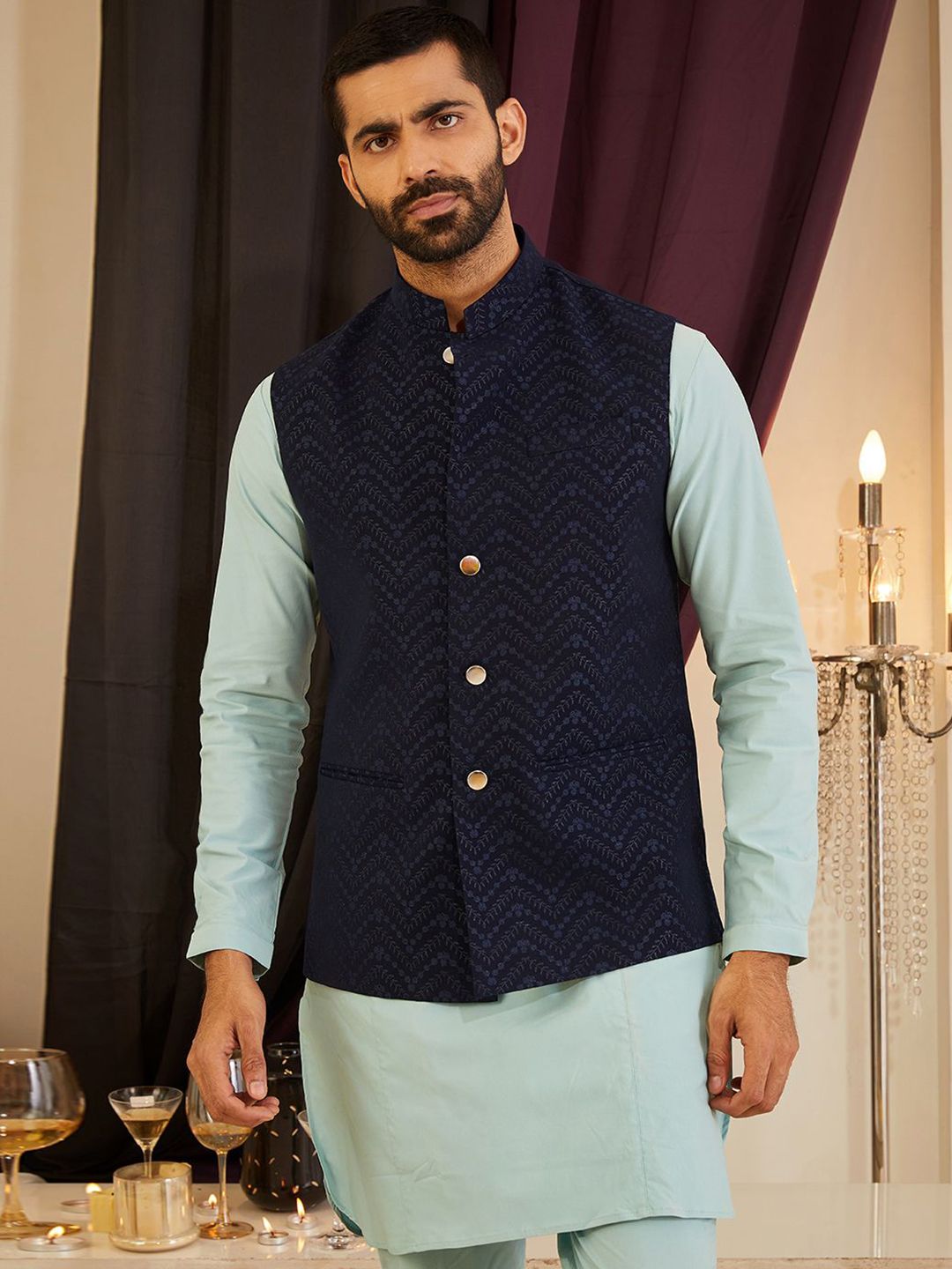 MR BUTTON Printed Mandarin Collar Nehru Jacket-picture-14