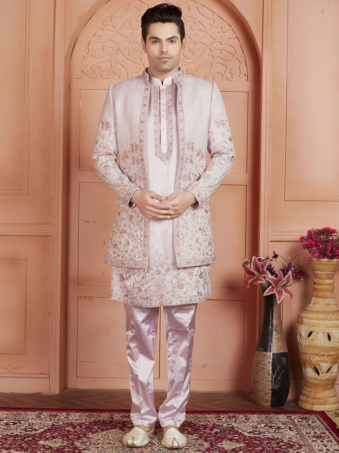 EVASTRO Ethnic Motifs Embroidered Pure Cotton Straight Kurta with Pyjama & Jacket-picture-30
