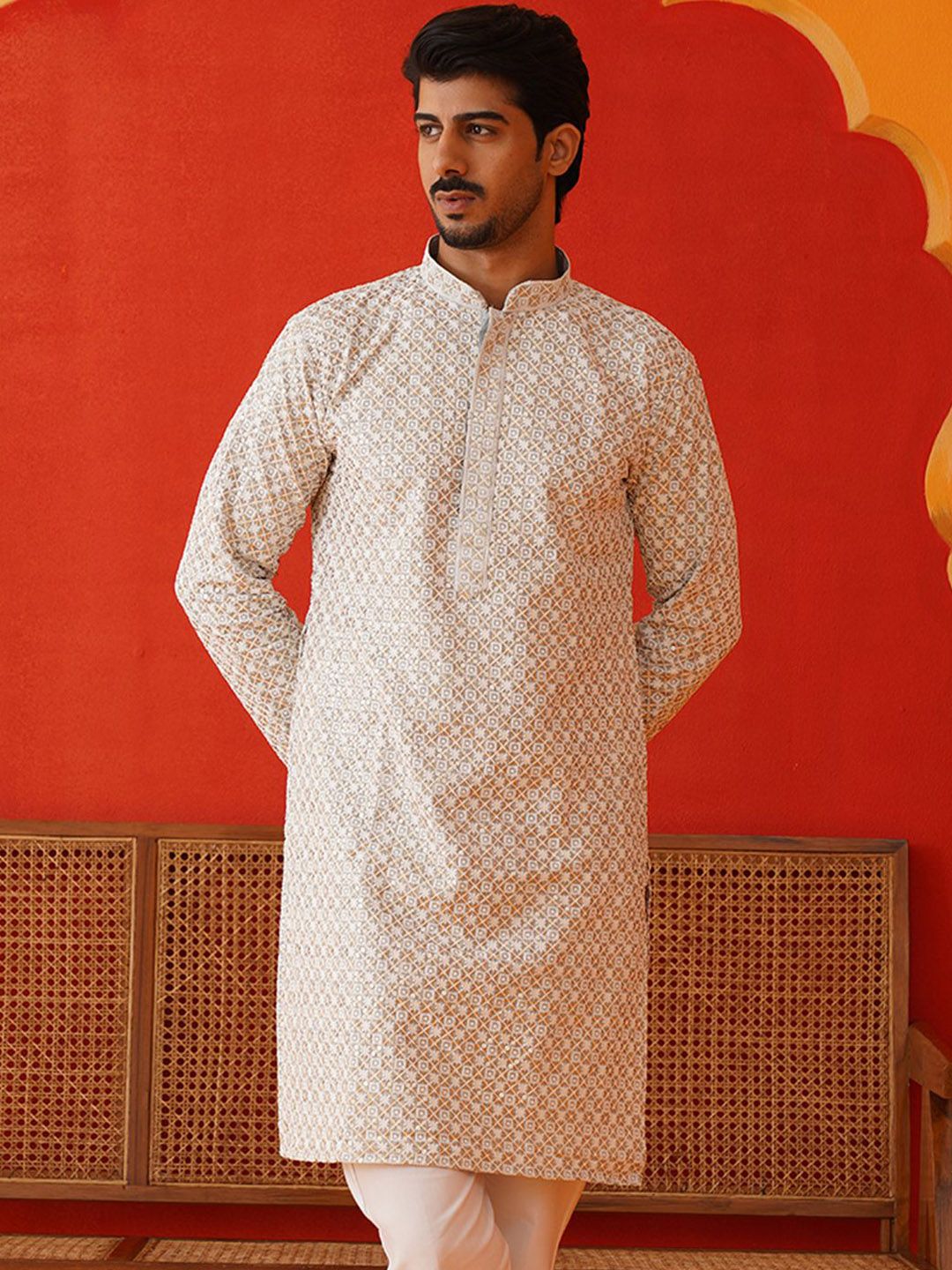 Jompers Men Geometric Embroidered Chikankari Kurta-picture-18