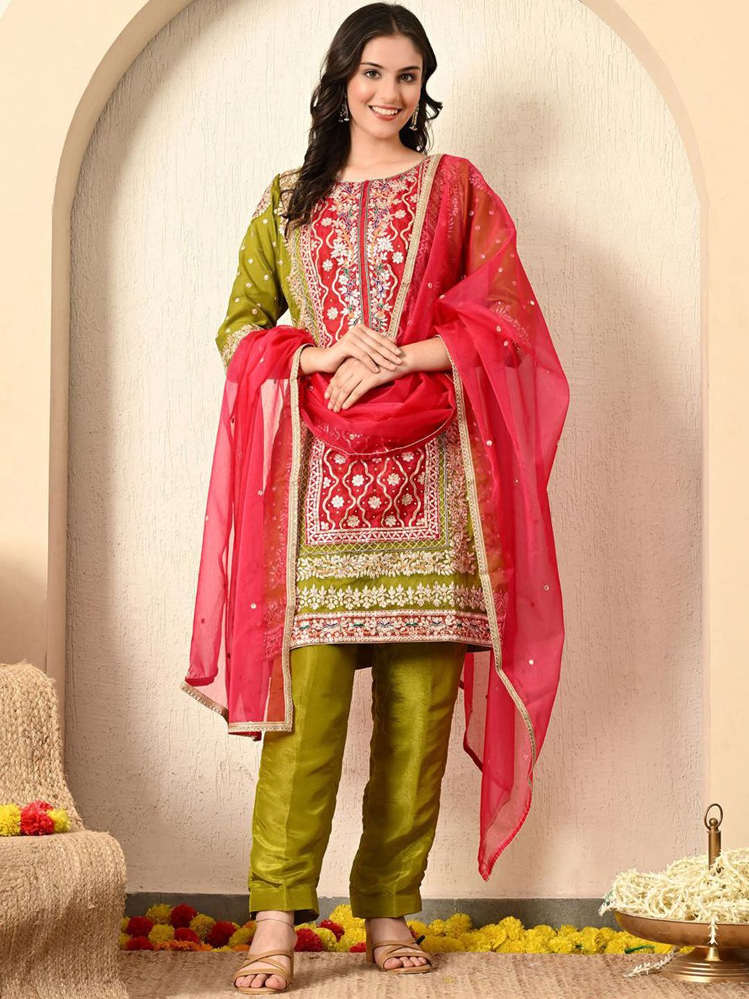 ZARIKALI Ethnic Motifs Embroidered Zardozi Straight Kurta With Trouser & Dupatta-image-38