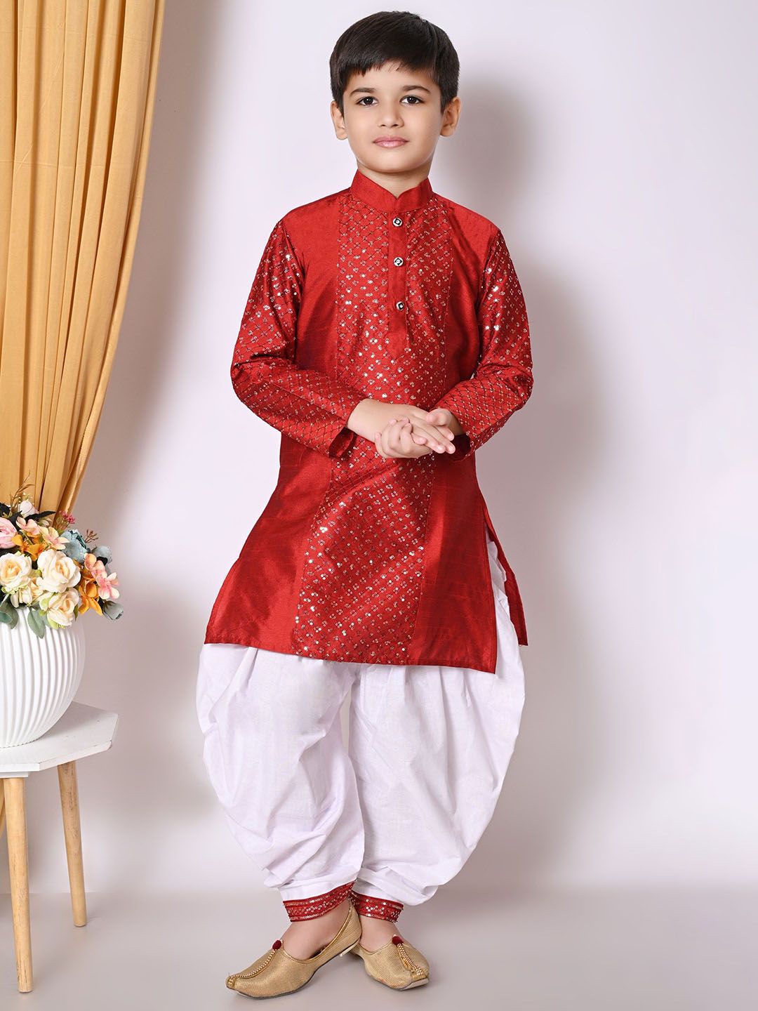 NFC CREATION Boys Embroidered Regular Sequinned Dupion Silk Kurta with Patiala-picture-30