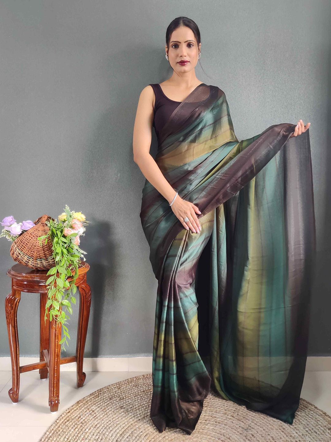 HERE&NOW Striped Poly Georgette Ready to Wear Saree-picture-19