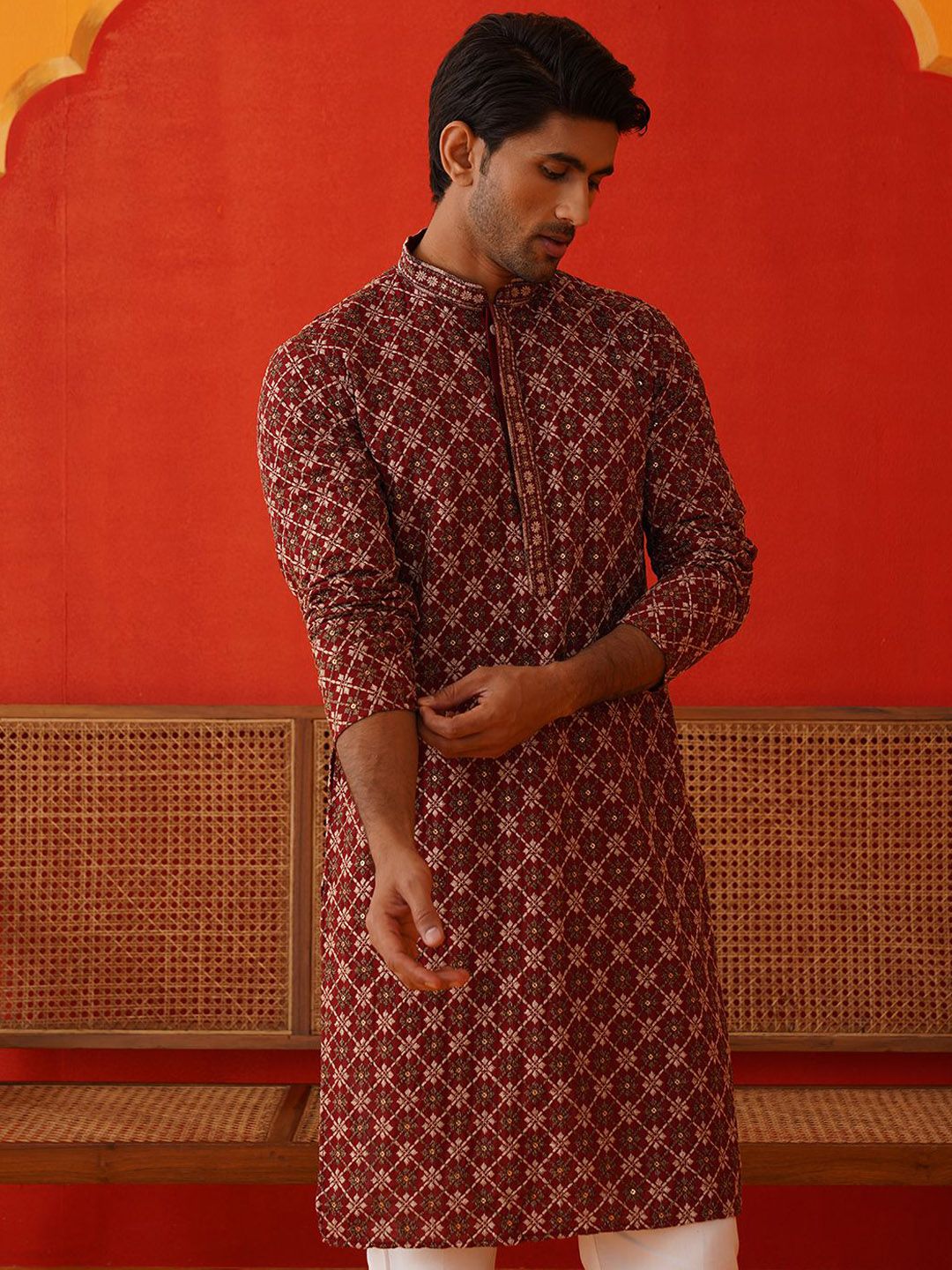 Jompers Men Geometric Embroidered Sequinned Kurta-picture-13