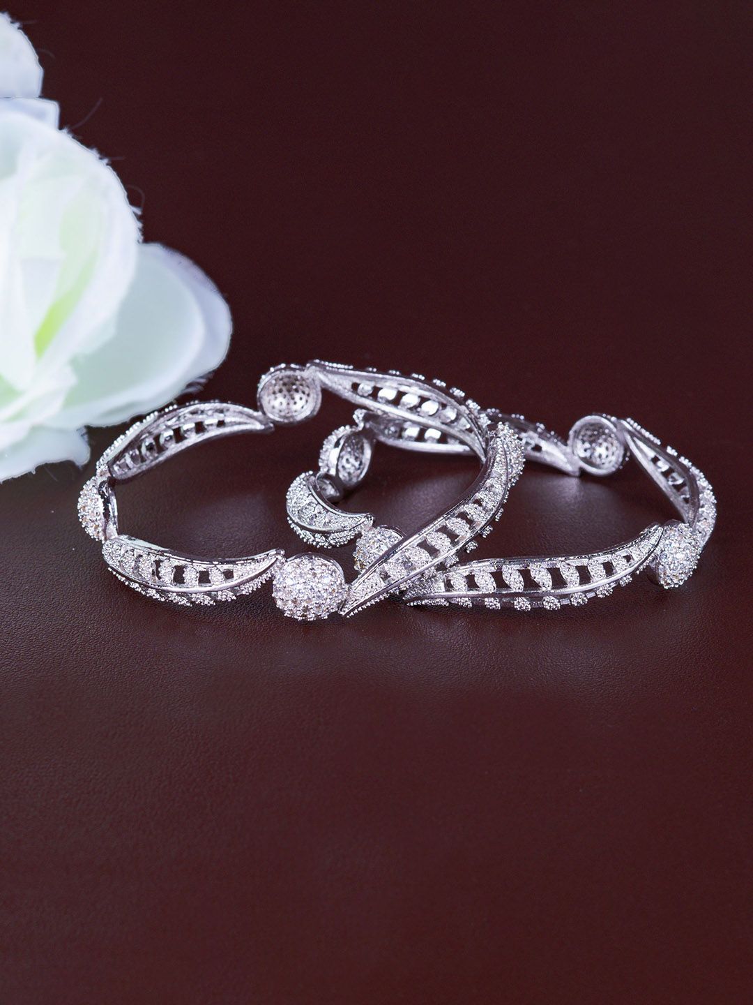 Zevarly Set Of 2 Silver-Plated CZ Studded Bangles-picture-48