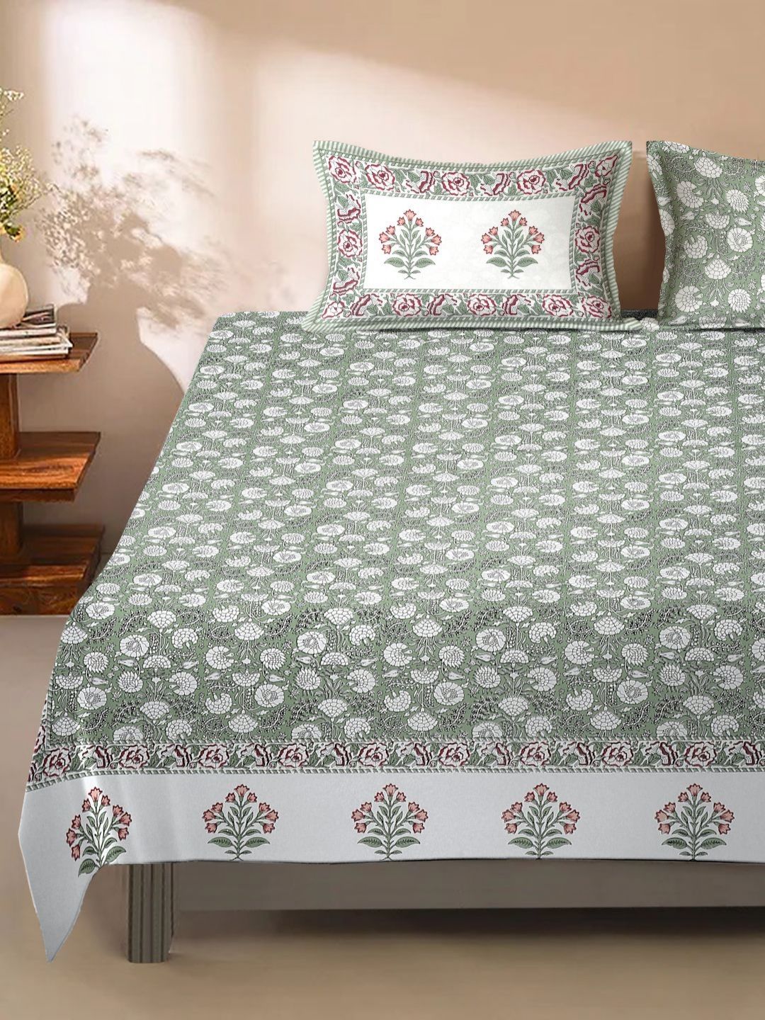 eyda White & Green Floral 180 TC King Bedsheet with 2 Pillow Covers-picture-25