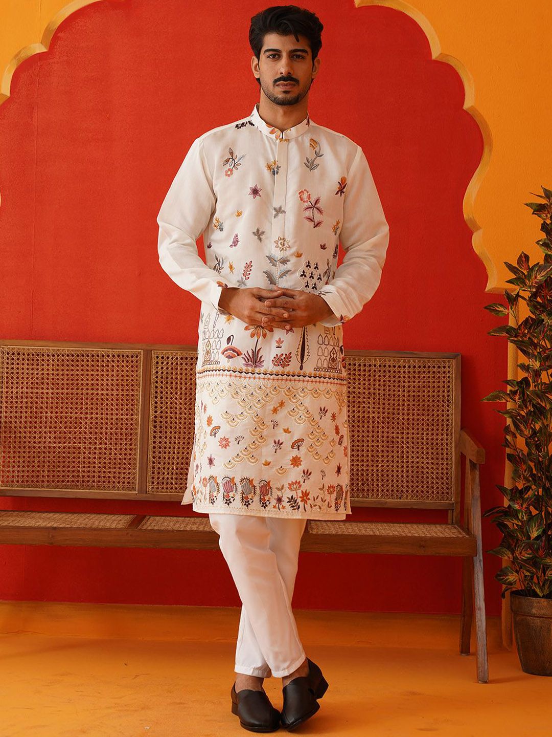 Jompers Men Floral Embroidered Regular Chikankari Kurta with Pyjamas-picture-31