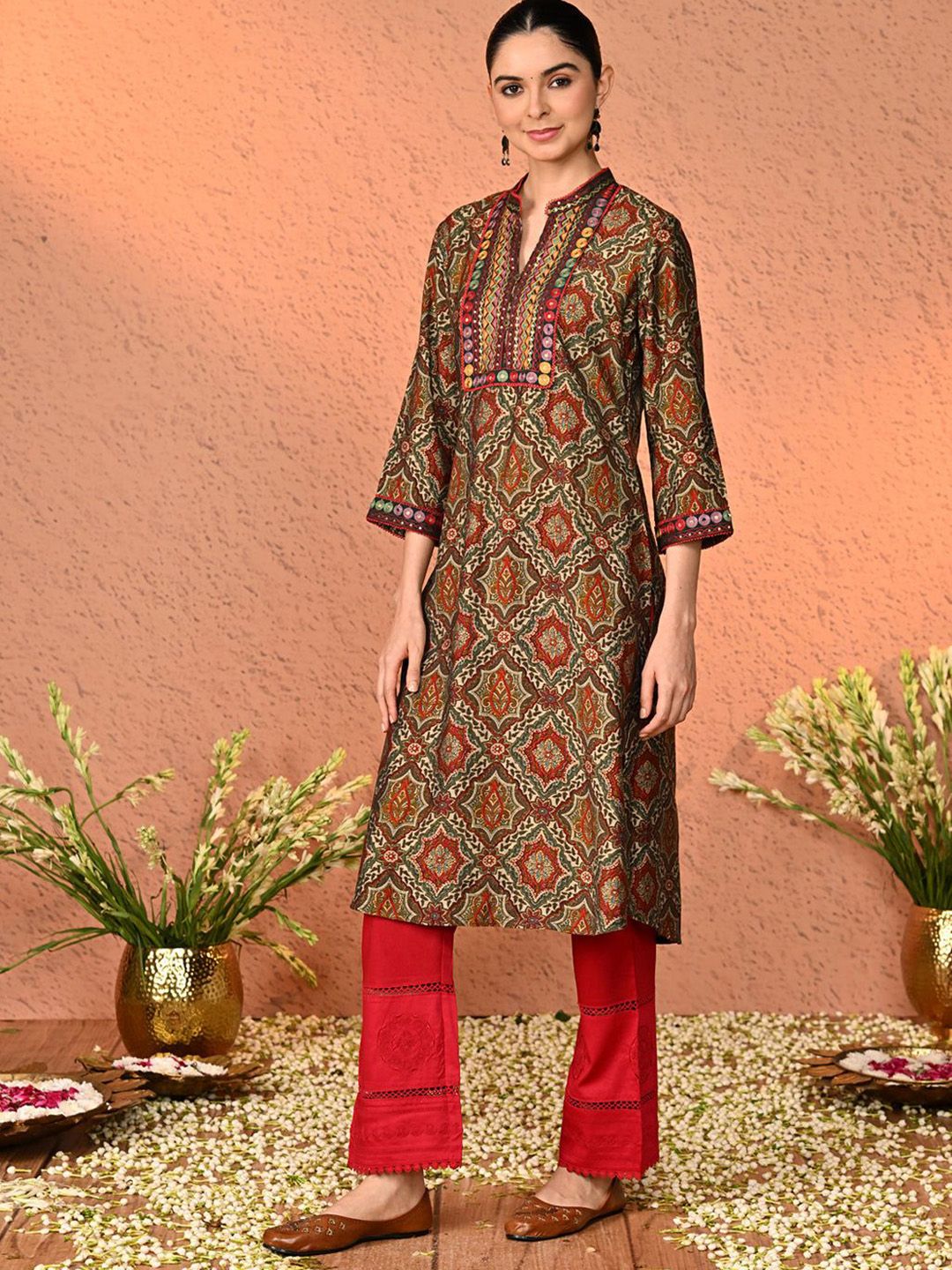 Lakshita Women Ethnic Motifs Embroidered Smart Loose Fit Easy Wash Trousers-picture-57