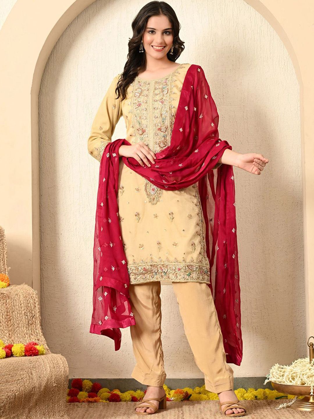 ZARIKALI Ethnic Motifs Embroidered Beads & Stones Kurta With Trousers & Dupatta-picture-18