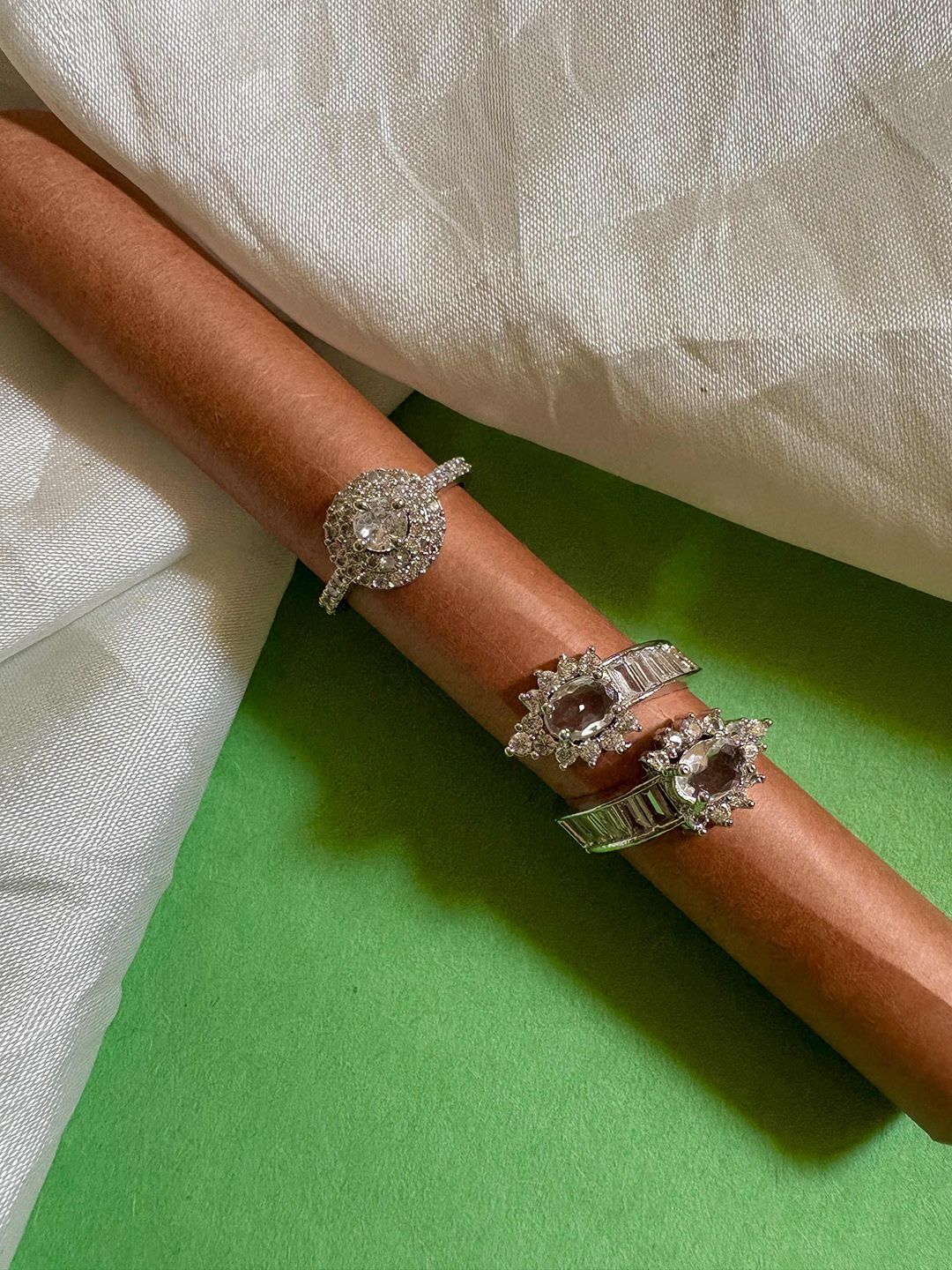 ATIBELLE Set Of 2 Silver Plated CZ-Studded Adjustable Finger Rings