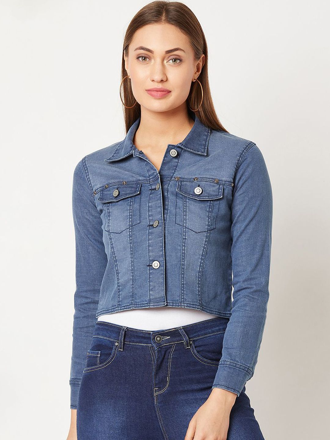 Miss Chase Women Crop Denim Jacket with Patchwork-image-18