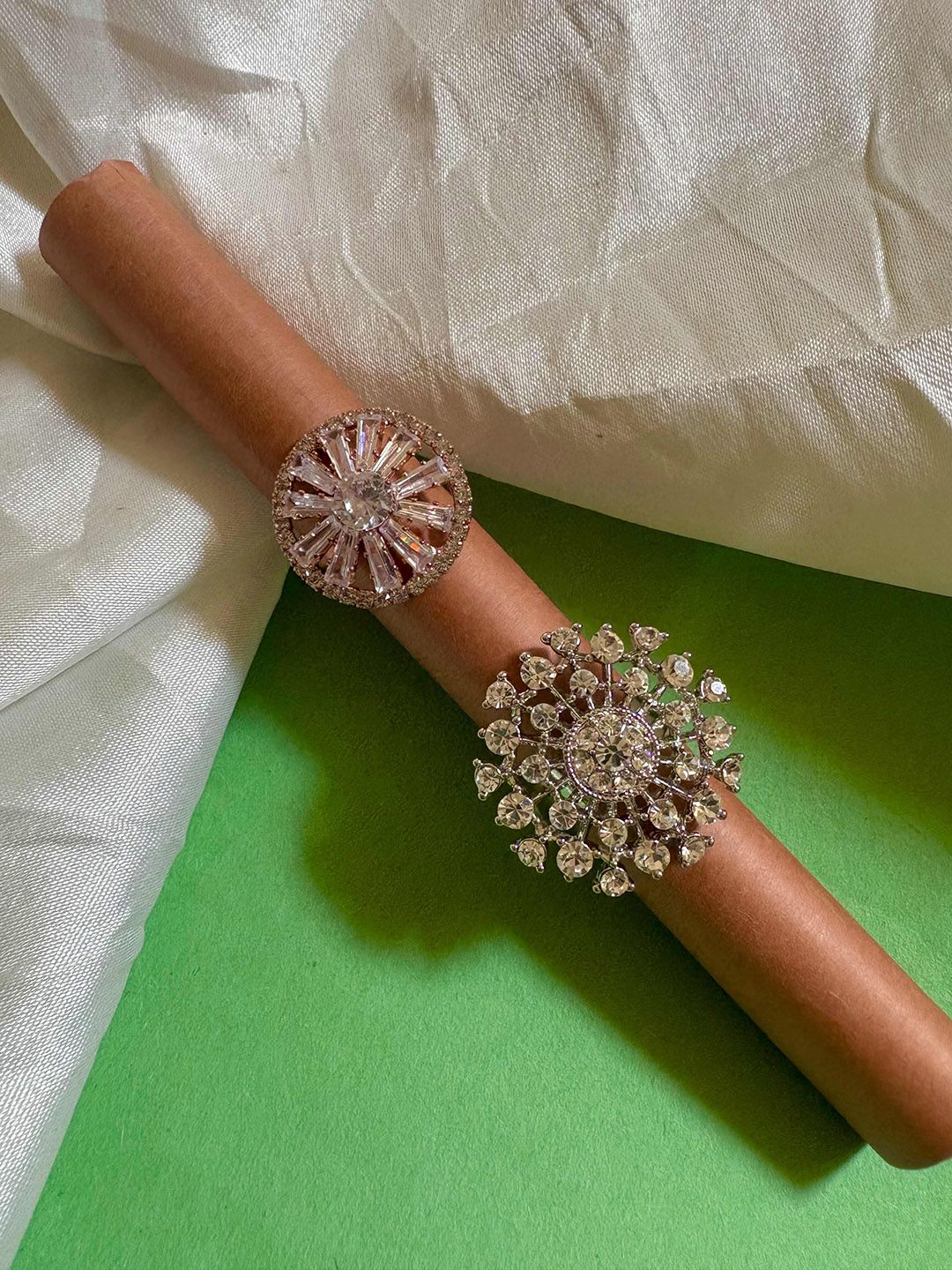 ATIBELLE Set Of 2 Silver-Plated CZ-Studded Finger Ring