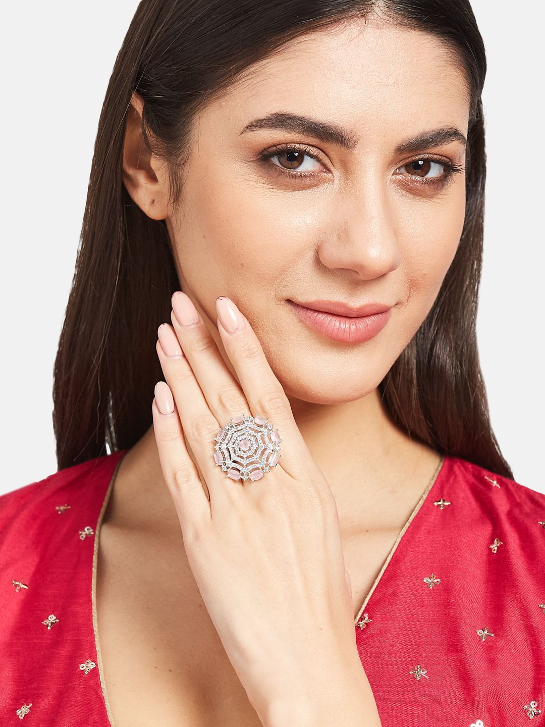 ATIBELLE Set Of 2 Silver-Plated CZ-Studded Adjustable Finger Rings