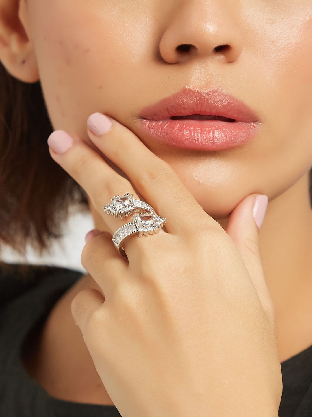 ATIBELLE Set Of 3 Silver-Plated CZ Studded Adjustable Finger Rings