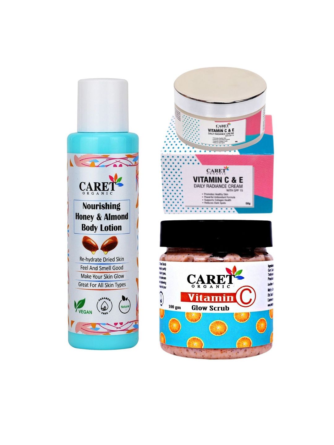 CARET ORGANIC Set Of 3 Almond Body Lotion, Vitamin C Glow Scrub & Vitamin C Radiance Cream-image-24
